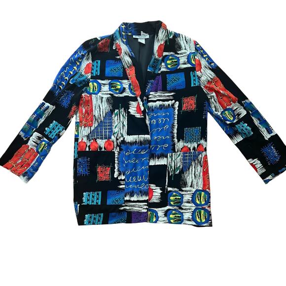 Vintage 1980s Kensington Square Cobalt Abstract Shawl Collar Blazer S - Picture 1 of 9